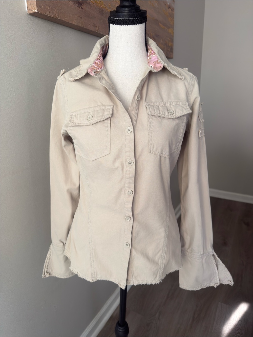 Love Stitch Cream Distressed Button Down Shirt Boho Western Size M